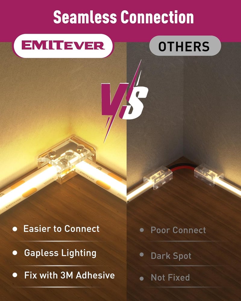 EMITEVER موصلات شريط LED 8 مم 12 قطعة، موصل زاوية LED على شكل T اتصال بدون فجوات موصلات شريط ضوء شفاف بدون لحام لشرائط LED 2-Pin COB/SMD 5V 12V 24V - Image 4